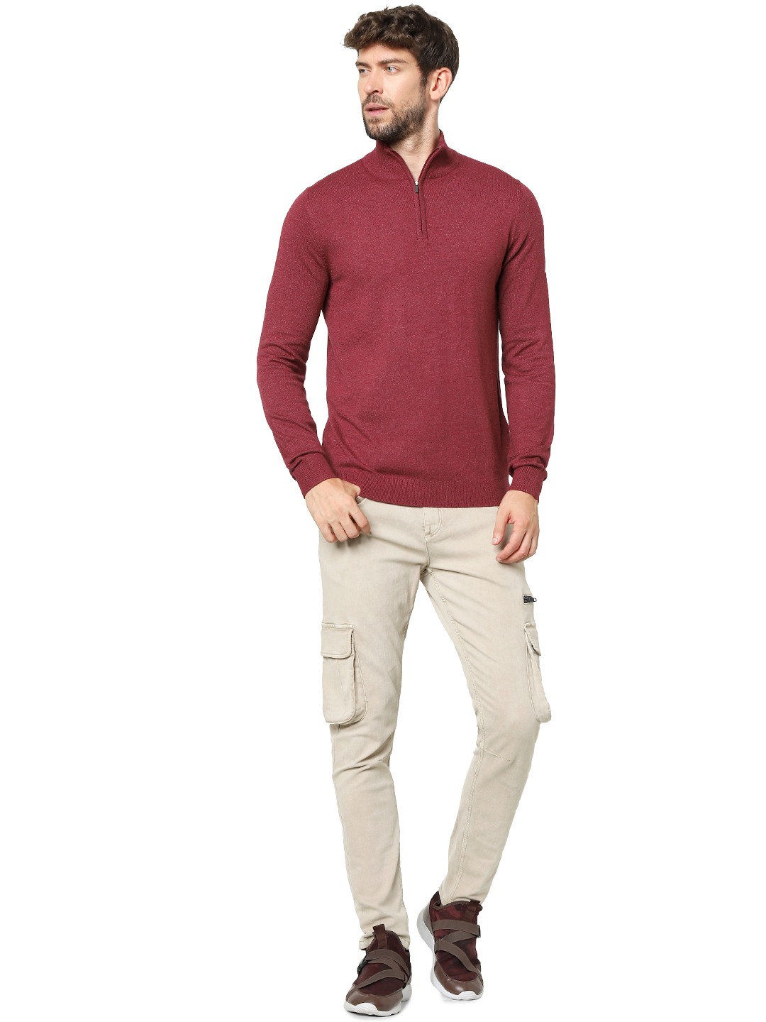 Men's Burgundy Solid Sweaters