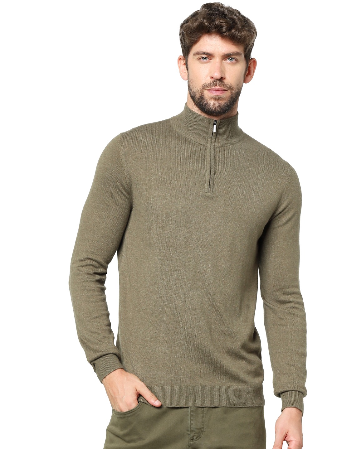 Men's Green Solid Sweaters