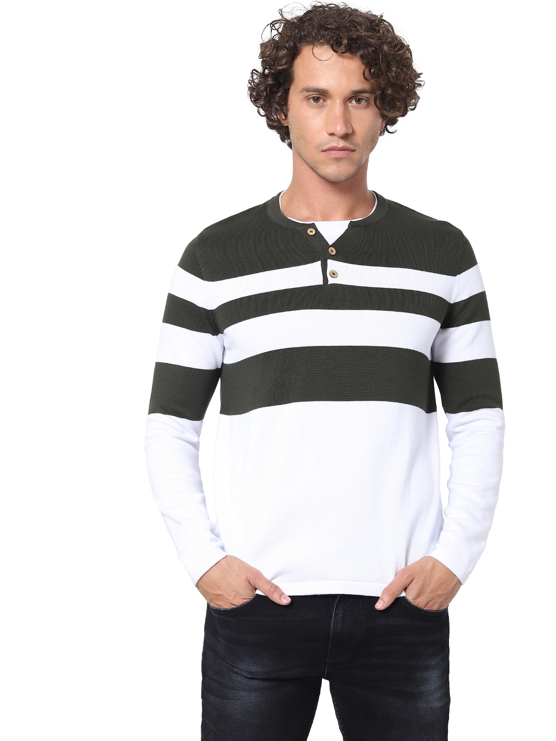 celio | Men's Green Striped Sweaters