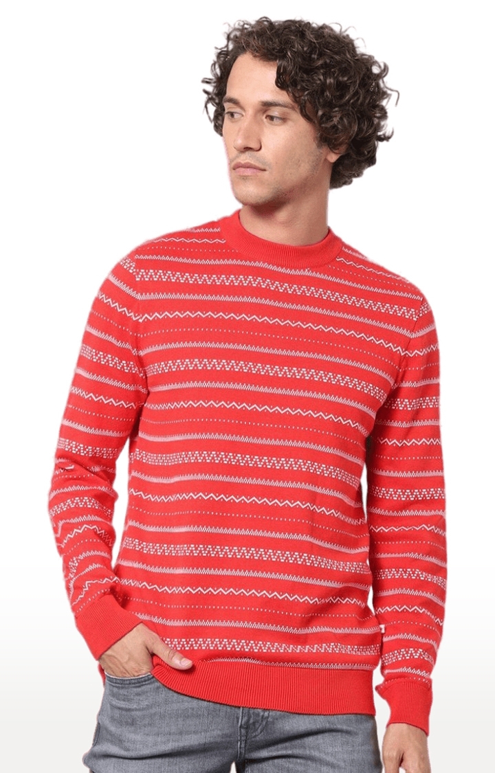 celio | Men's Orange Striped Sweaters