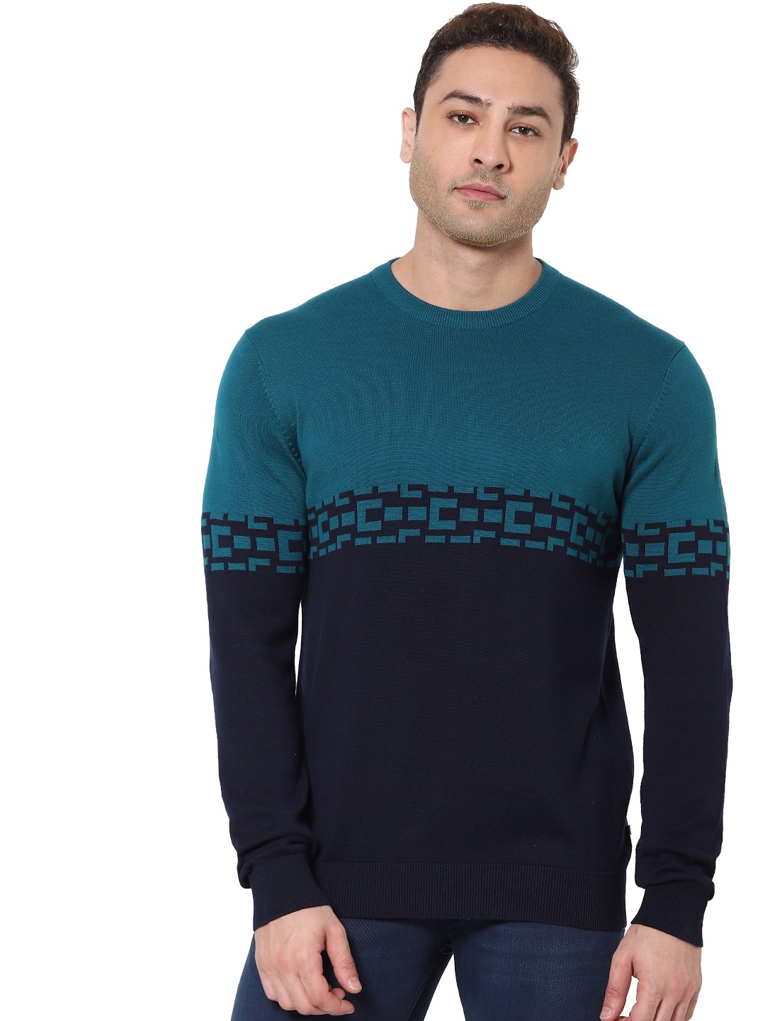 celio | Men's Green Colourblock Sweaters