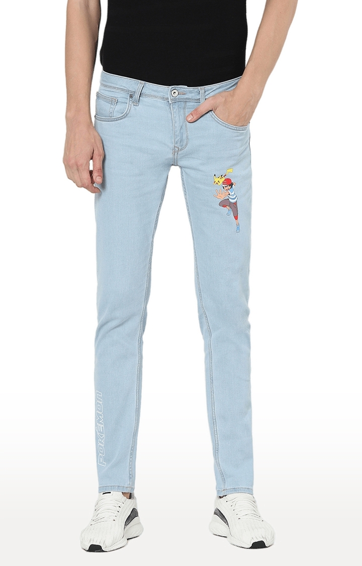 Men's Blue Cotton Blend Cartoon Slim Jeans