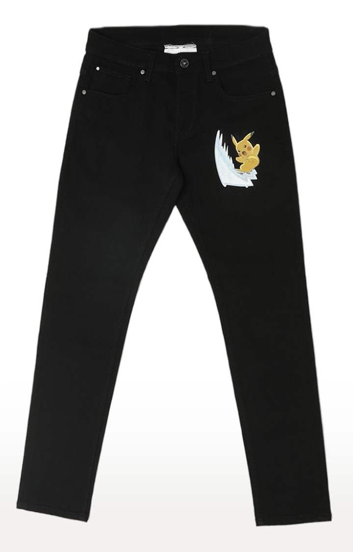 Men's Black Cotton Cartoon Straight Jeans