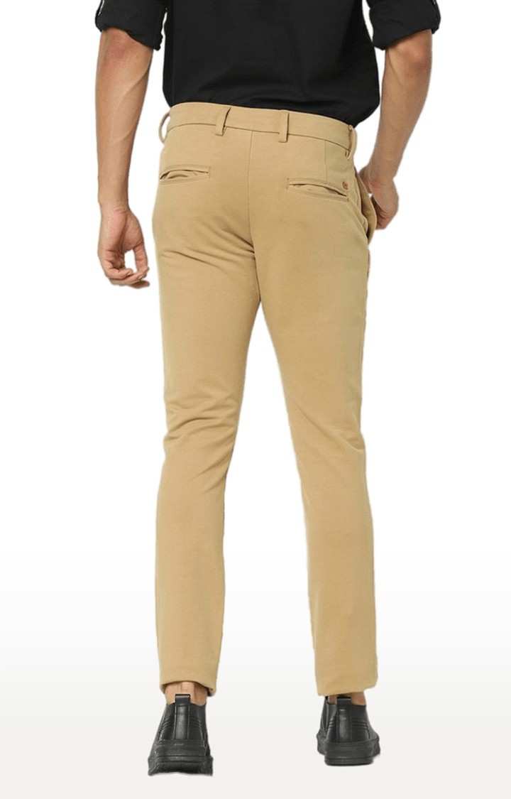 Men's Beige Cotton Solid Trousers