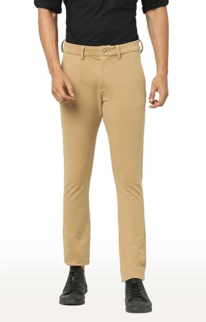 Men's Beige Cotton Solid Trousers