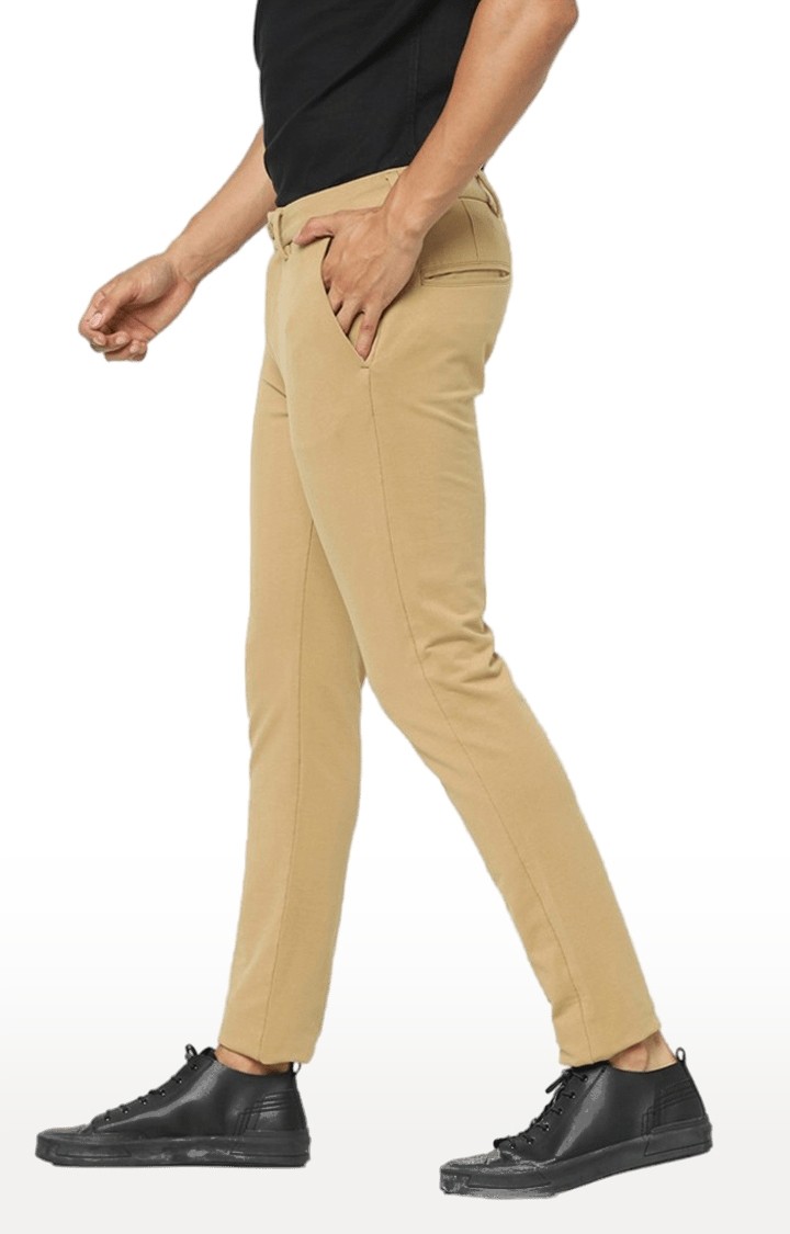 Men's Beige Cotton Solid Trousers