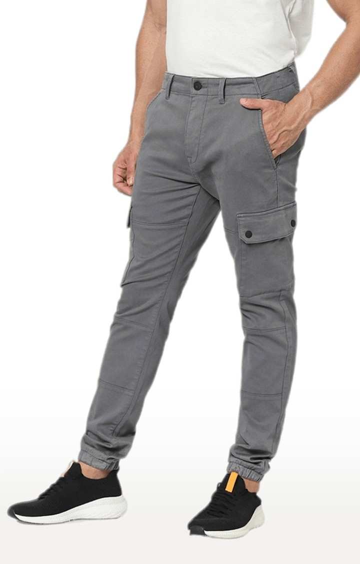 Men's Grey Cotton Solid Cargos