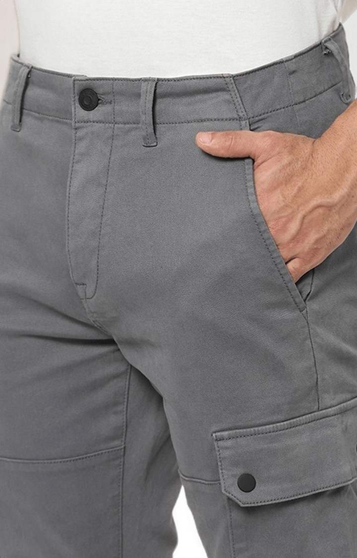 Men's Grey Cotton Solid Cargos