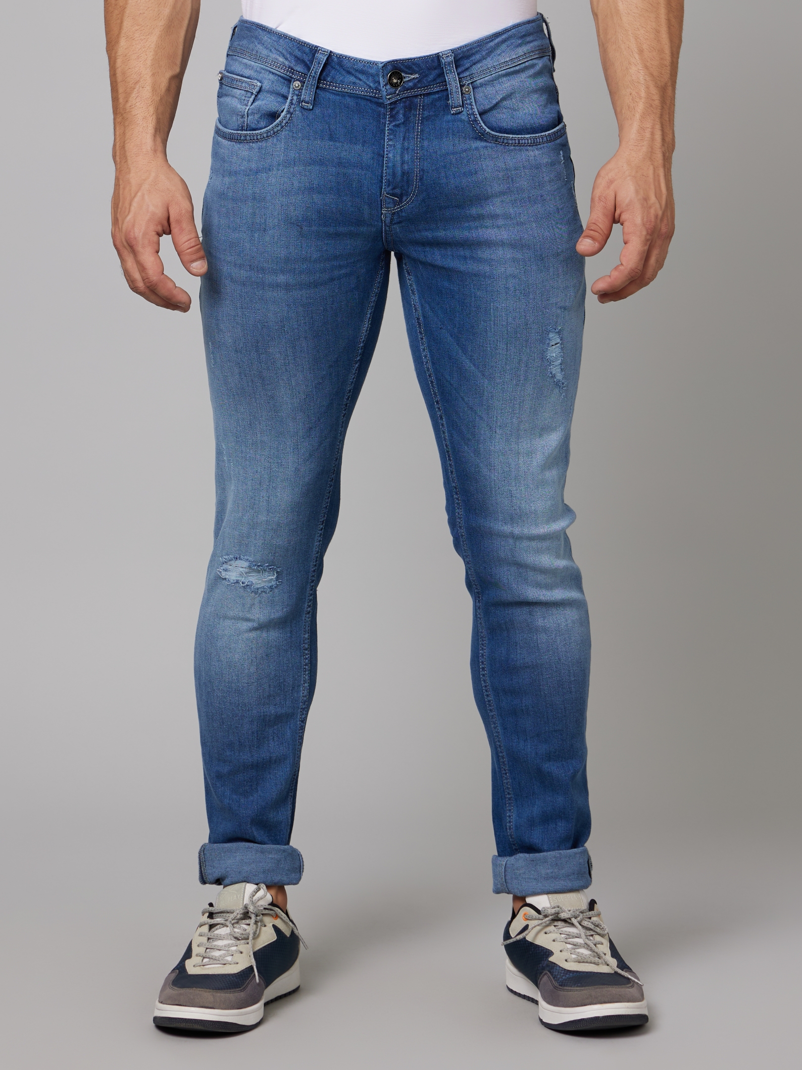 Men's Blue Cotton Blend Solid Ripped Jeans