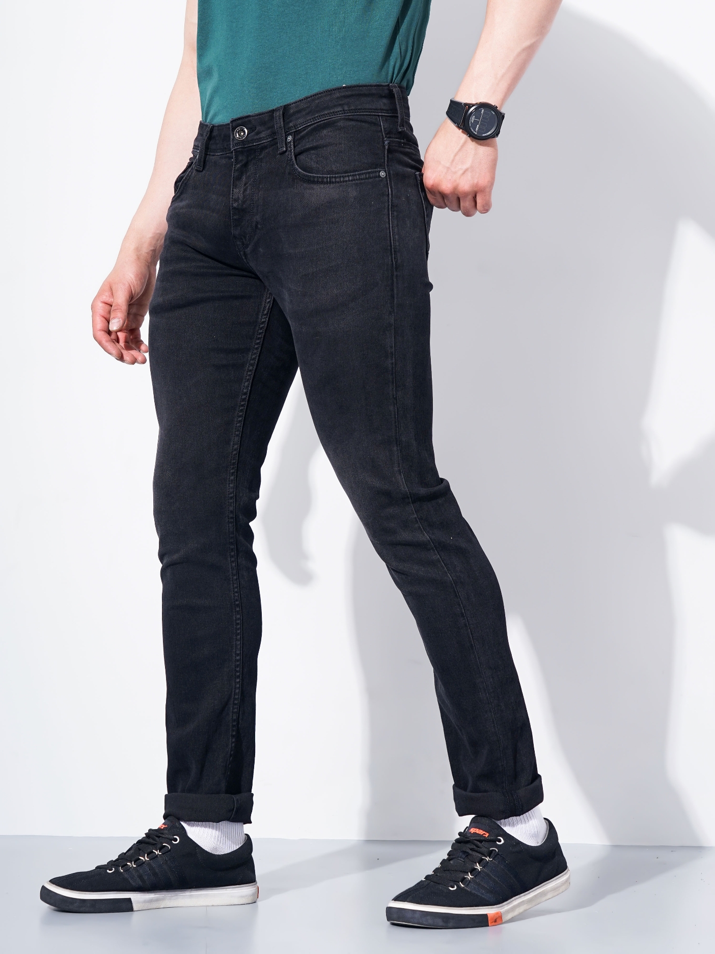 Men's Black Cotton Solid Regular Jeans