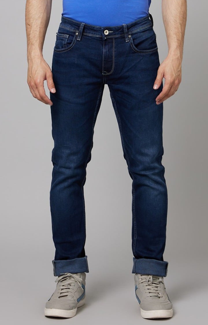 Men's Blue Cotton Blend Solid Regular Jeans
