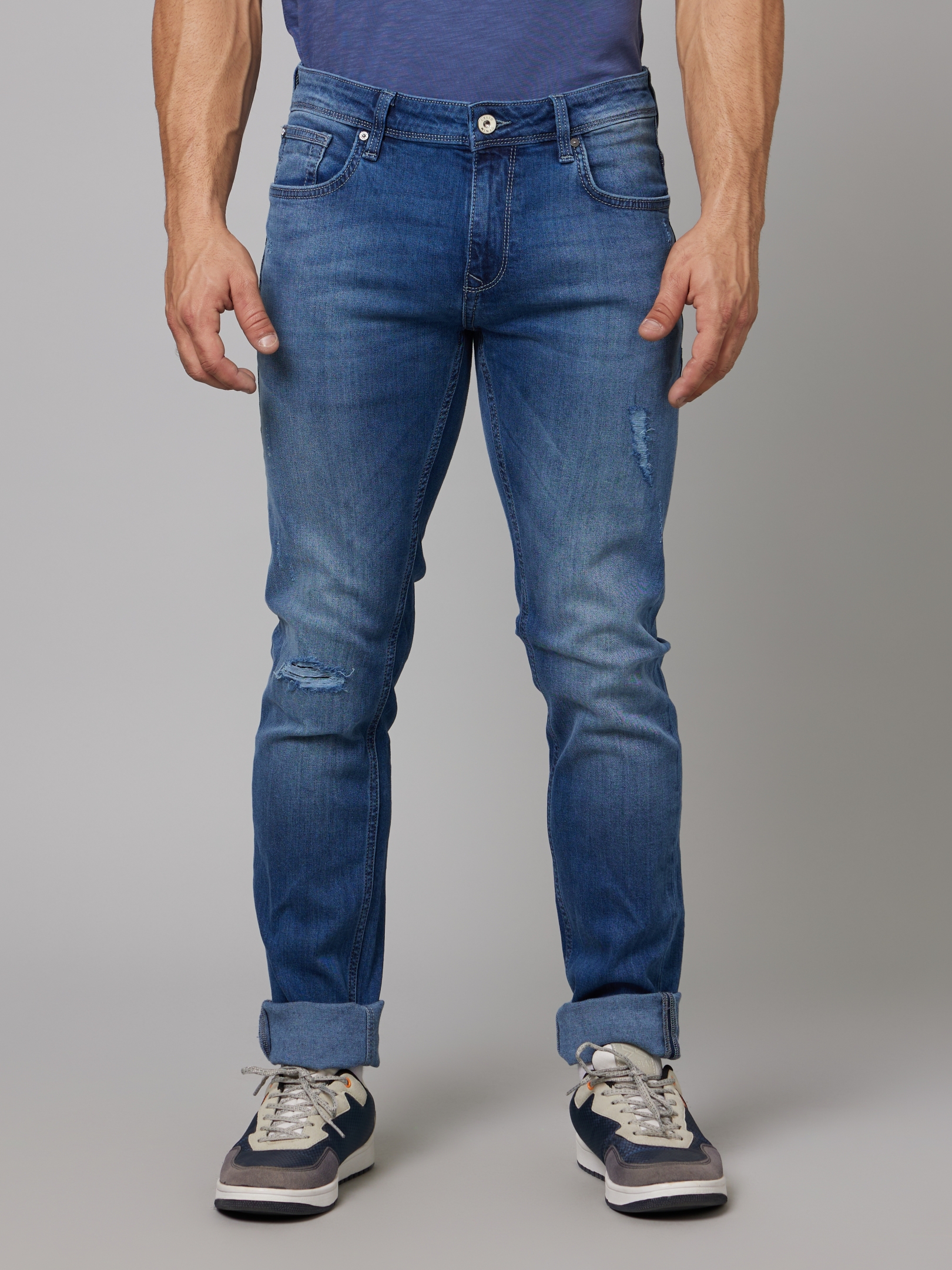 celio | Men's Blue Cotton Blend Solid Ripped Jeans