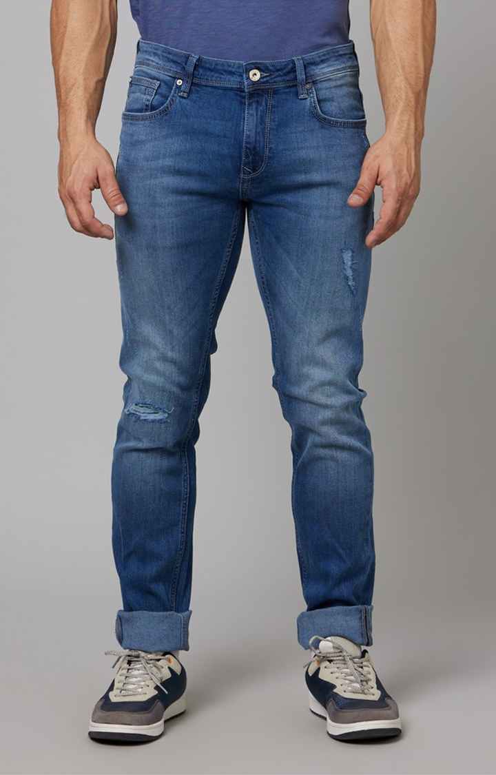 Men's Blue Cotton Blend Solid Ripped Jeans