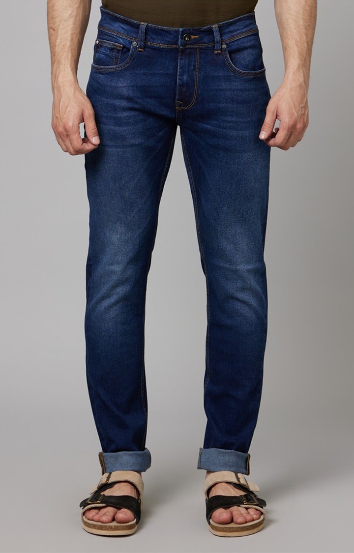 Men's Blue Cotton Blend Solid Regular Jeans