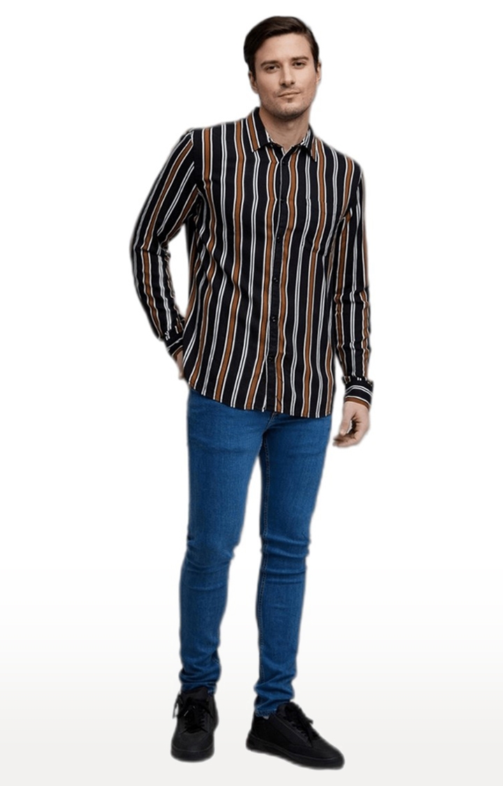 celio | Men's Brown Striped Casual Shirts
