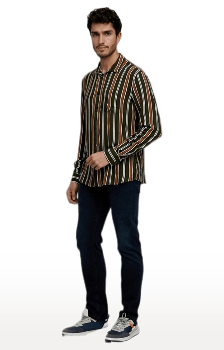 celio | Men's Brown Striped Casual Shirts 1