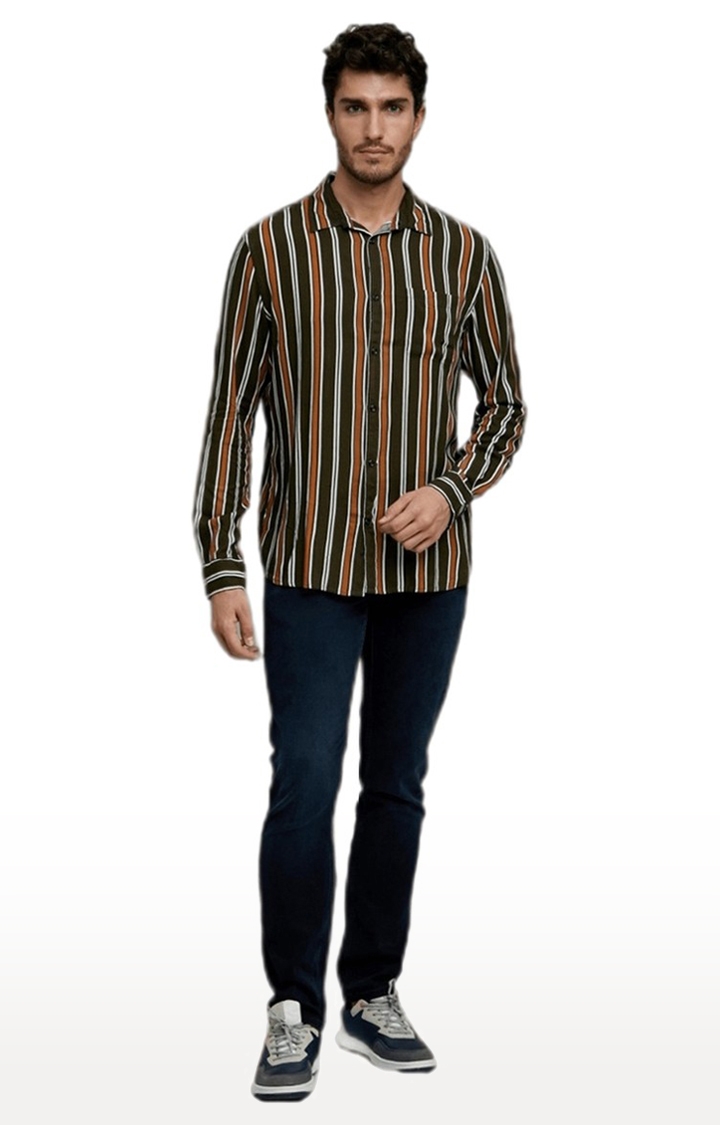 celio | Men's Brown Striped Casual Shirts 0