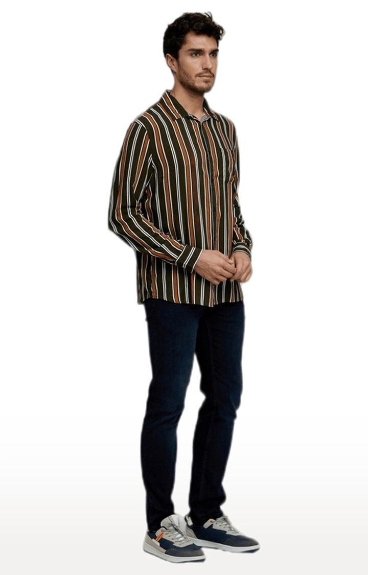 celio | Men's Brown Striped Casual Shirts 2