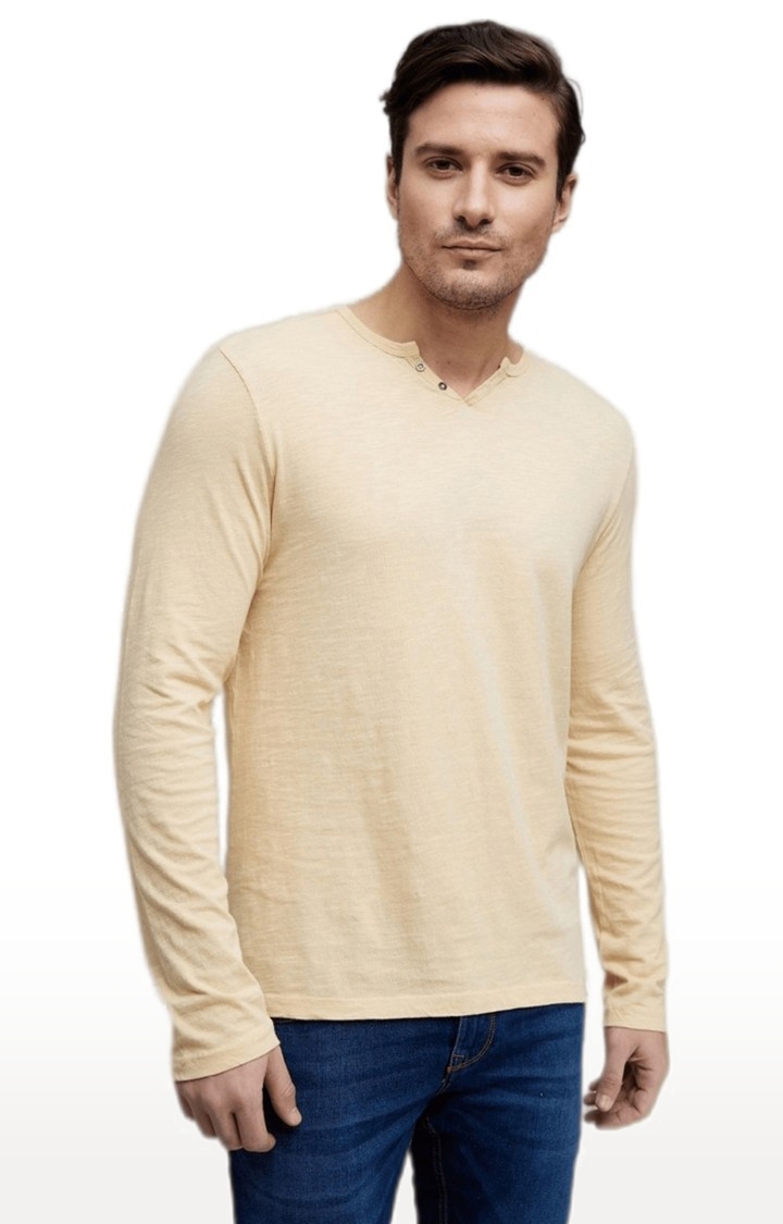 celio | Men's Beige Solid Regular T-Shirts