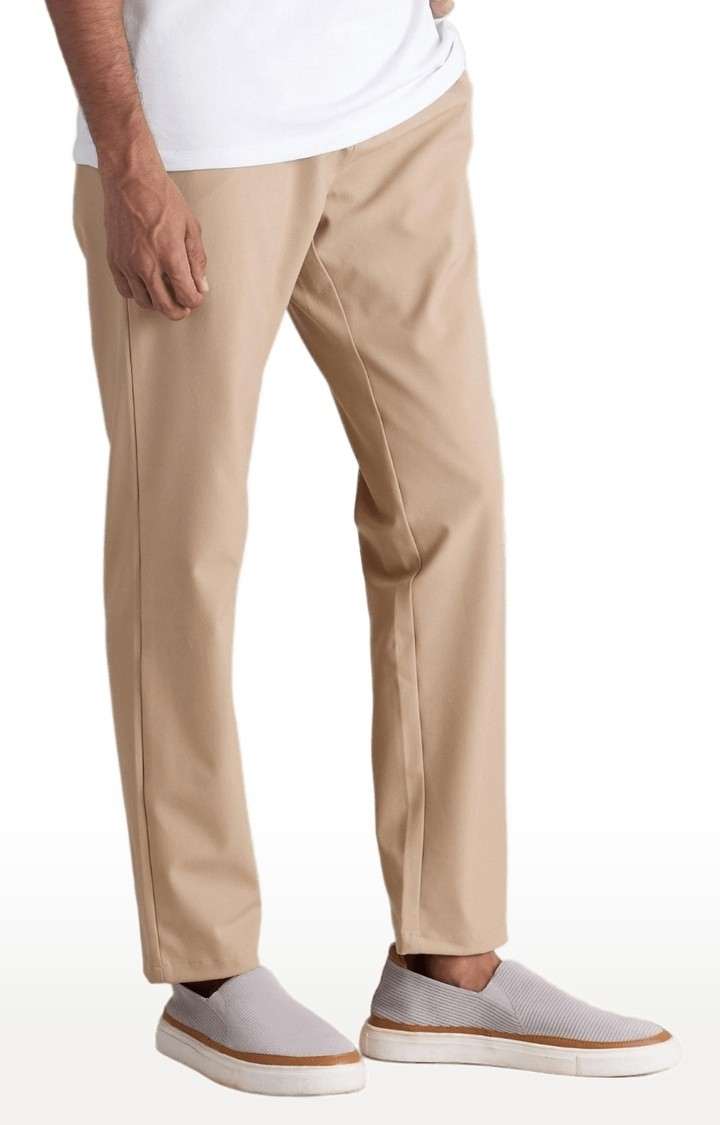 Men's Beige Blended Solid Trousers