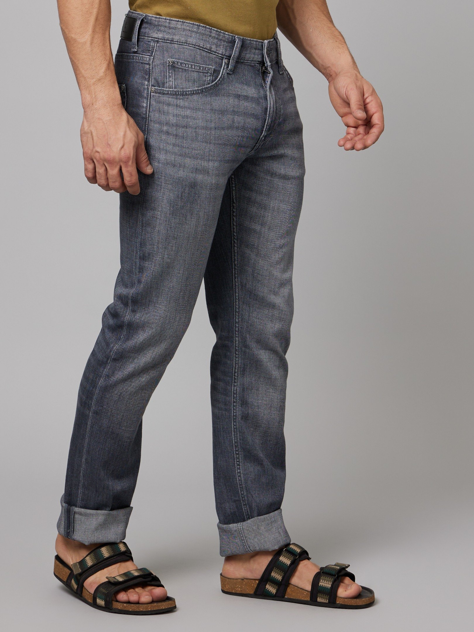 Men s Grey Cotton Blend Solid Regular Jeans