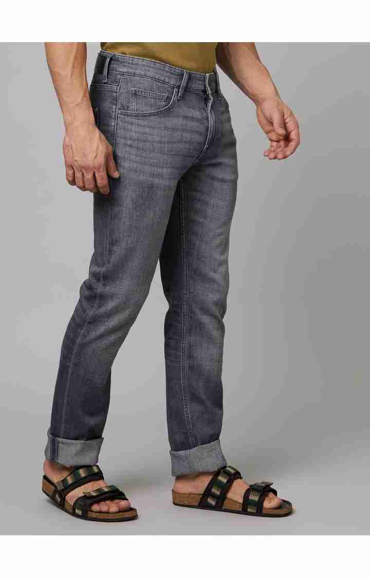 Men's Grey Cotton Blend Solid Regular Jeans