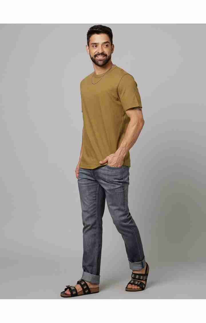 Men's Grey Cotton Blend Solid Regular Jeans