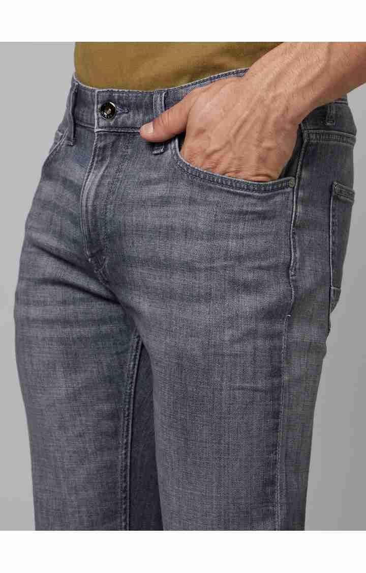 Men's Grey Cotton Blend Solid Regular Jeans