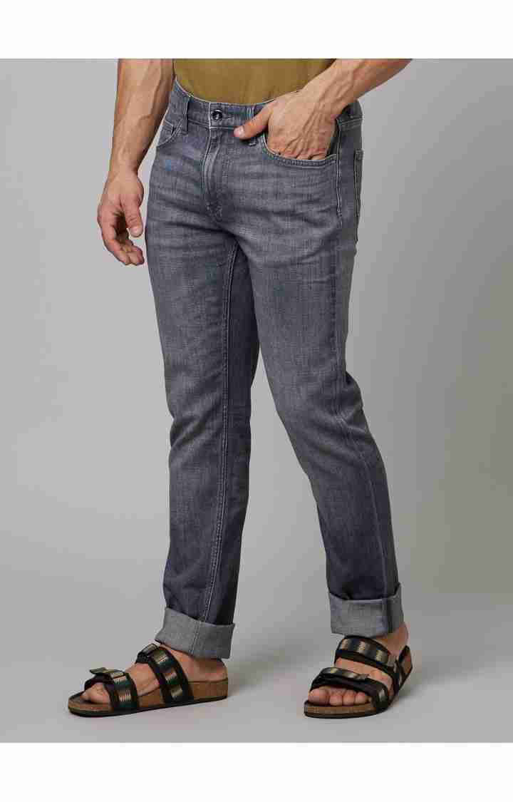 Men's Grey Cotton Blend Solid Regular Jeans