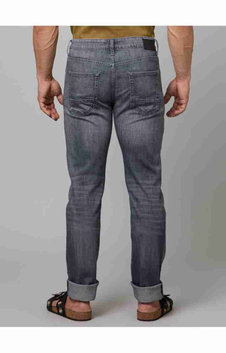 Men's Grey Cotton Blend Solid Regular Jeans