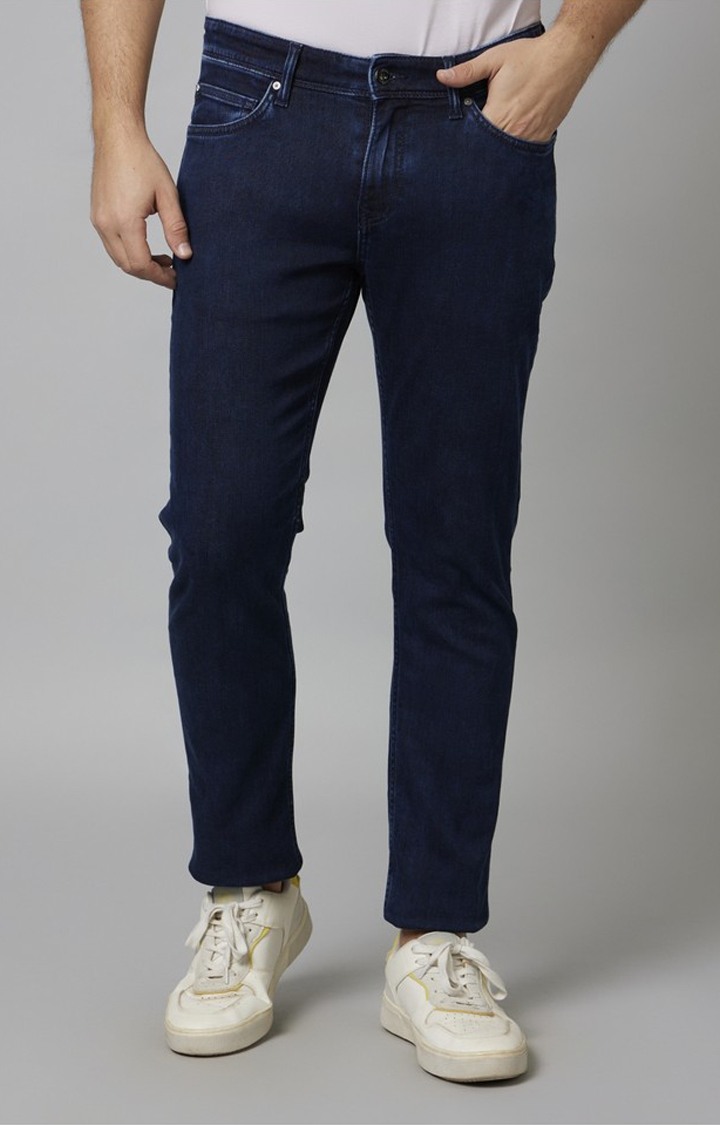 Men s Blue Cotton Blend Solid Regular Jeans