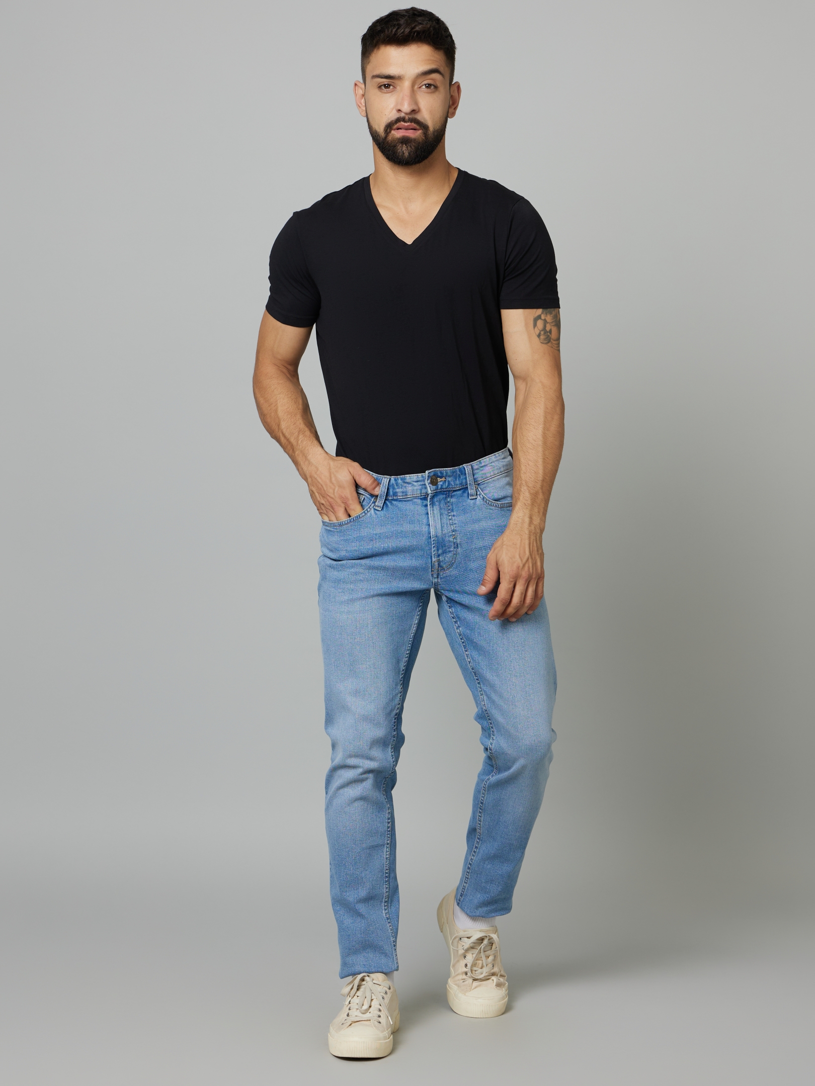 celio | Men's Blue Cotton Solid Tapered Jeans 4