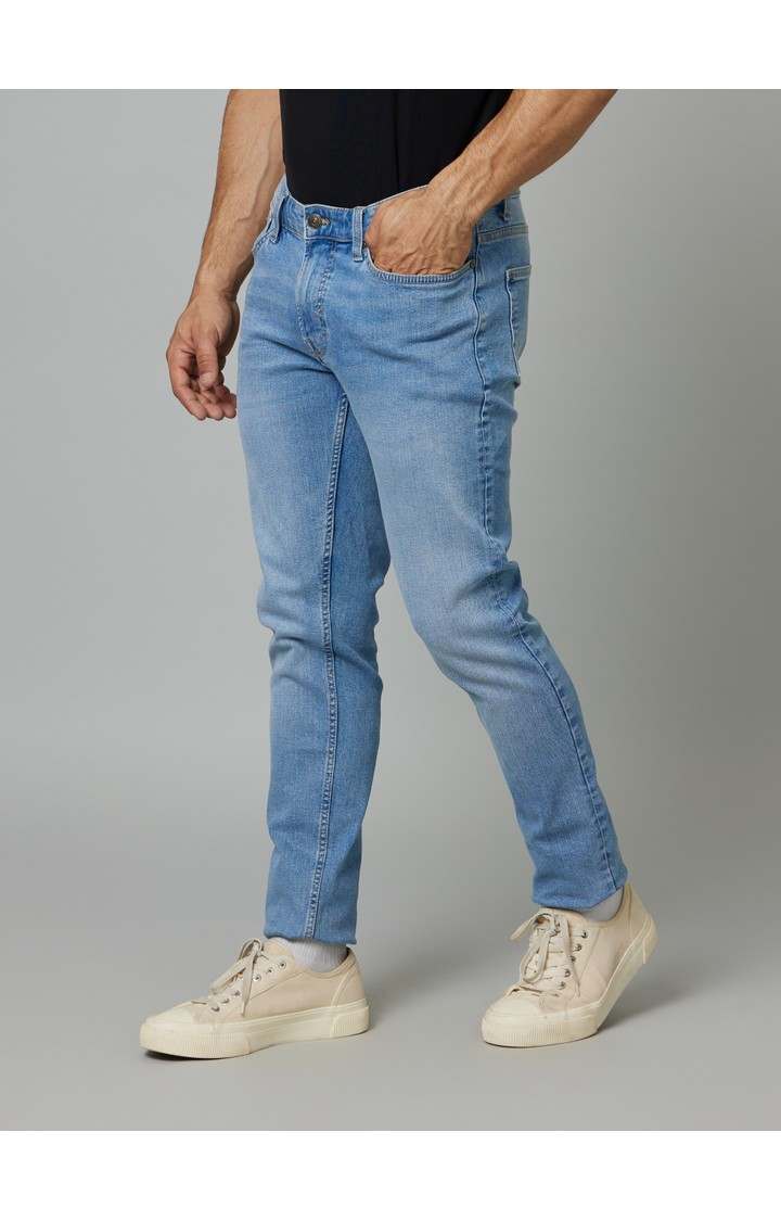 Men's Blue Cotton Solid Tapered Jeans