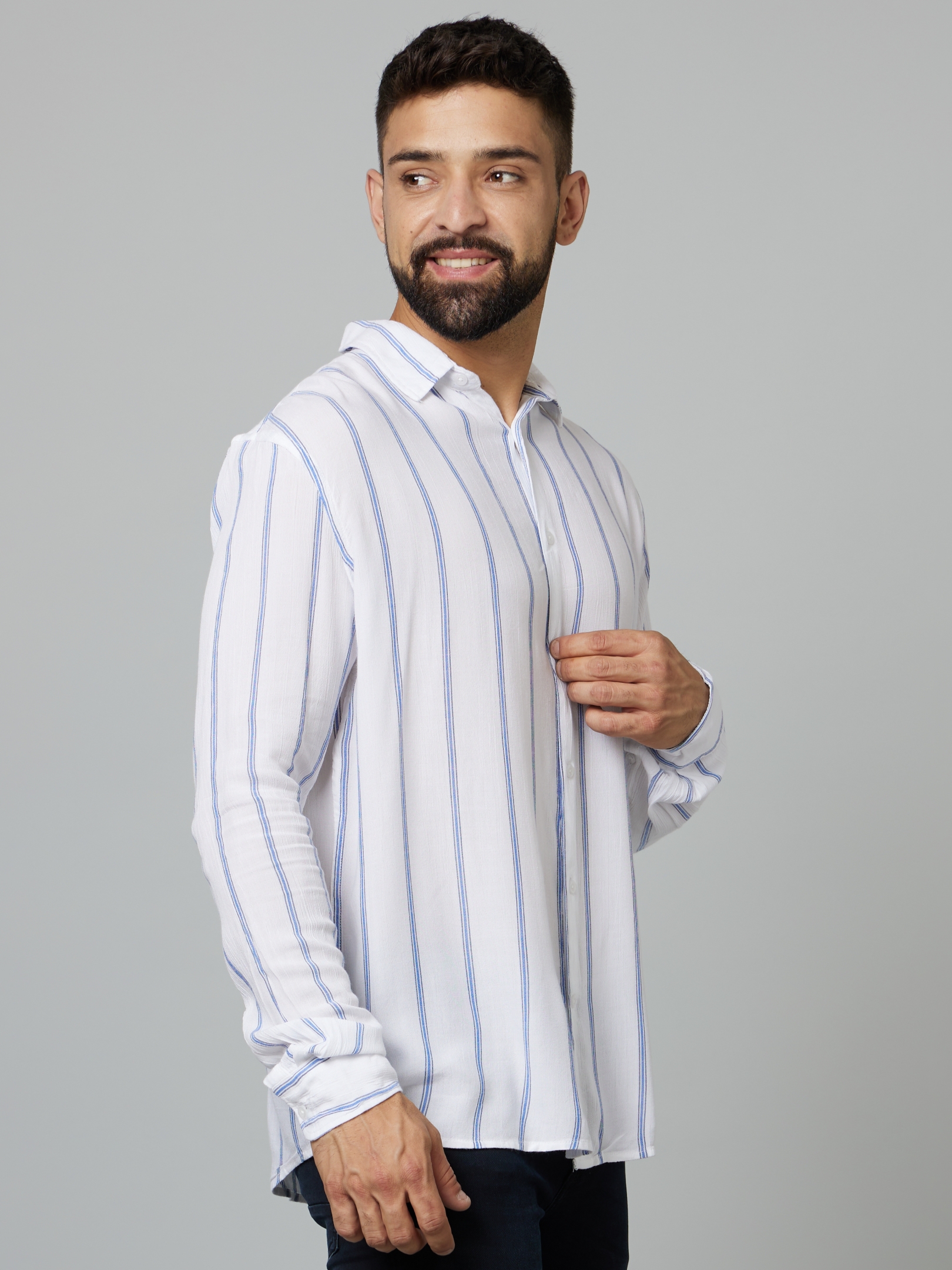 celio | Men's White Striped Casual Shirts 2