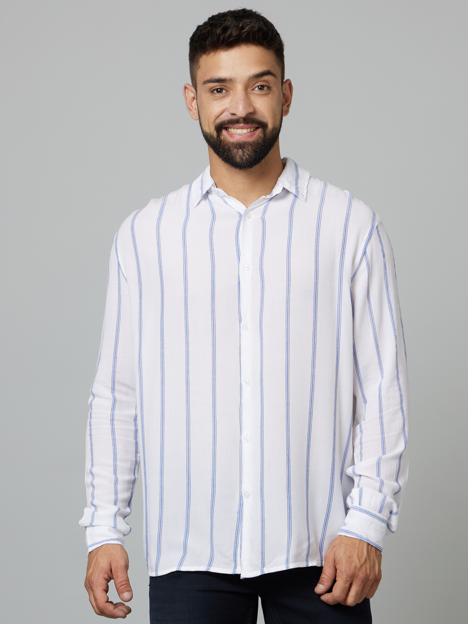 celio | Men's White Striped Casual Shirts 0