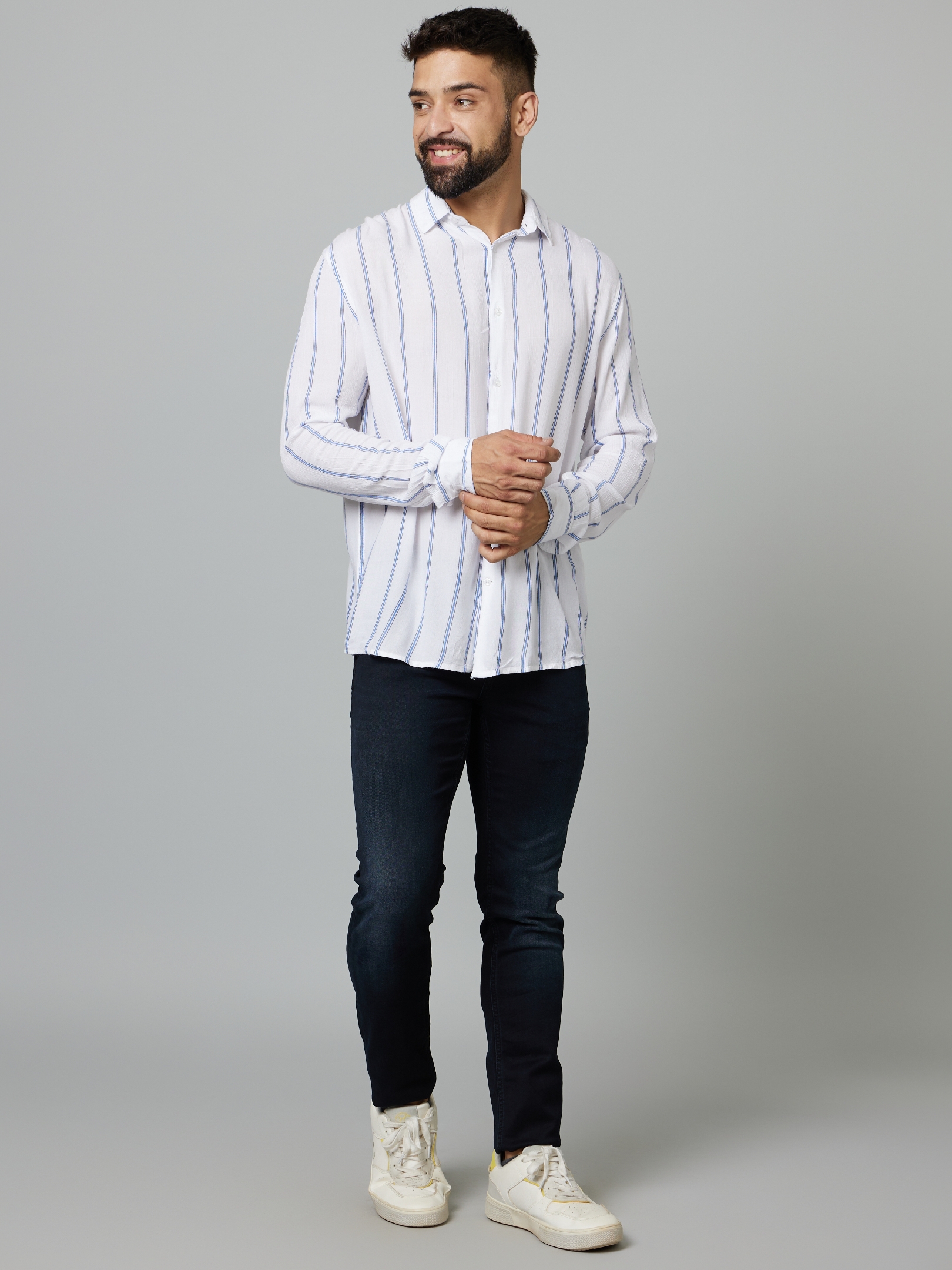 celio | Men's White Striped Casual Shirts 4