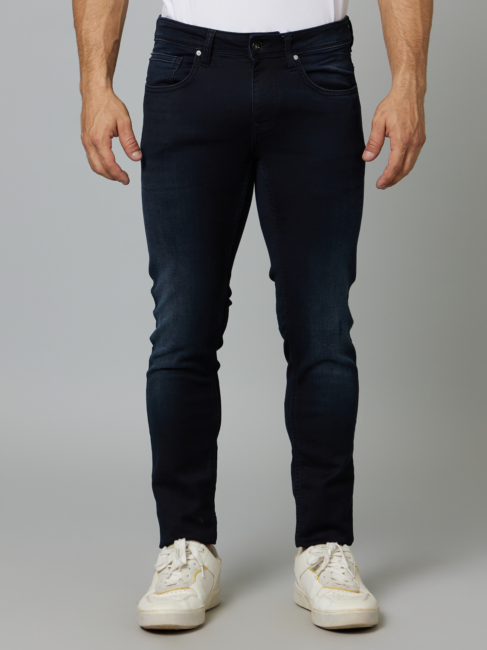 Men's Blue Blended Solid Slim Jeans