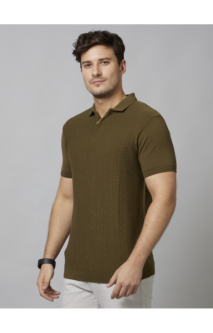 Men's Green Textured Polos