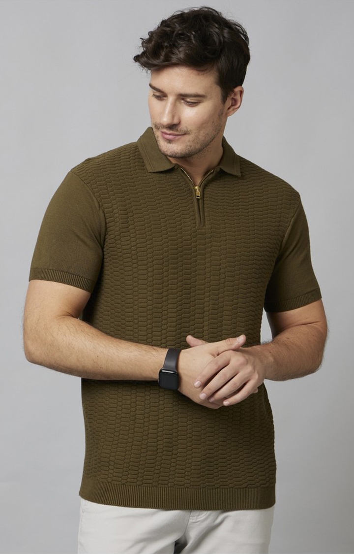 Men's Green Textured Polos