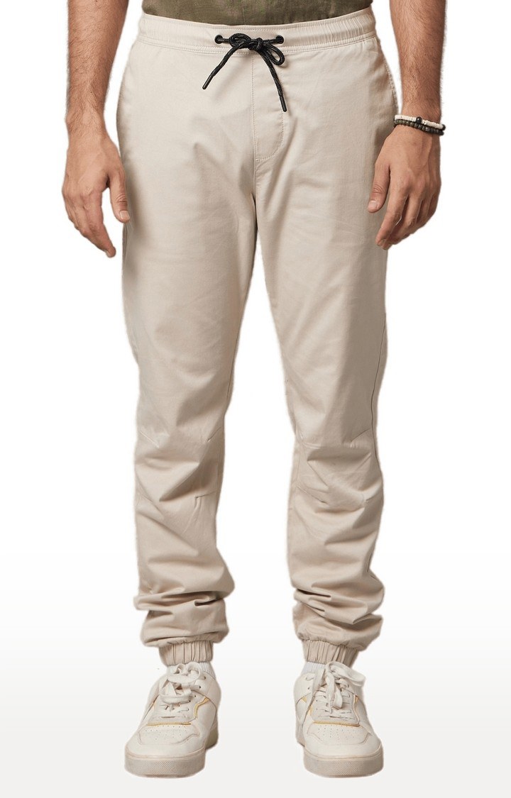 Men's Beige Cotton Solid Casual Joggers