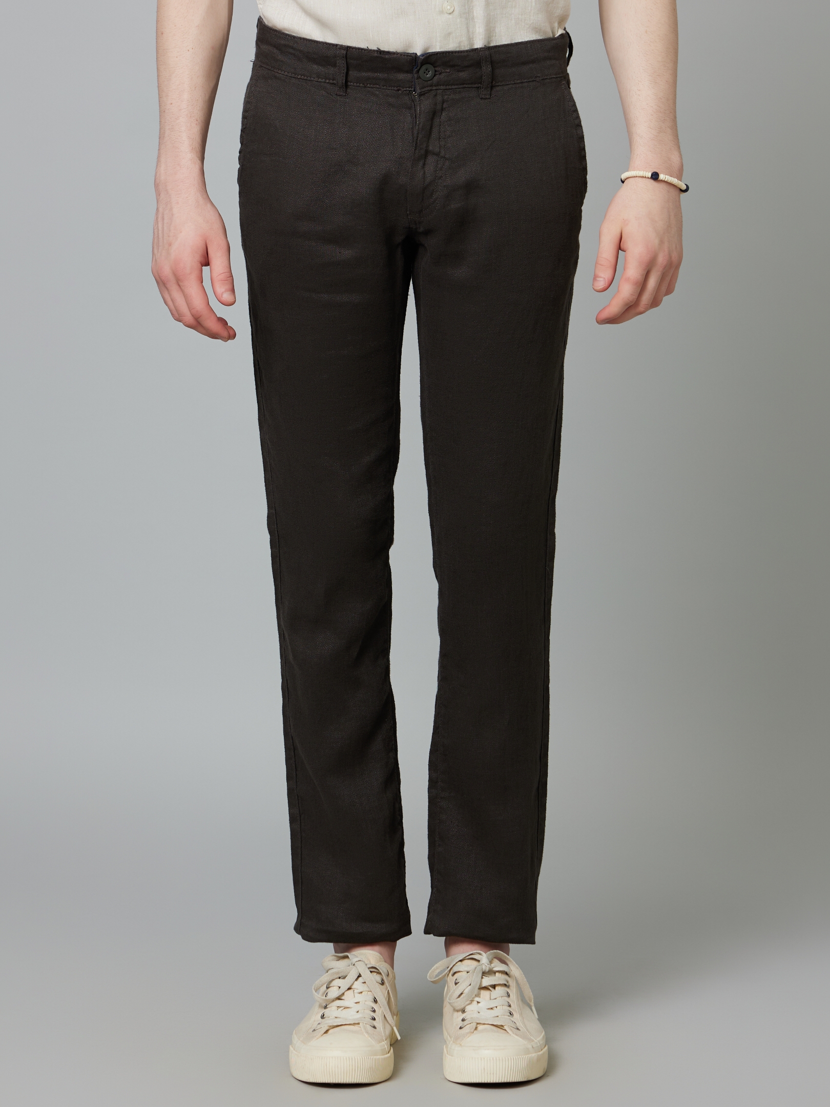 celio | Men's Grey Linen Solid Trousers 0