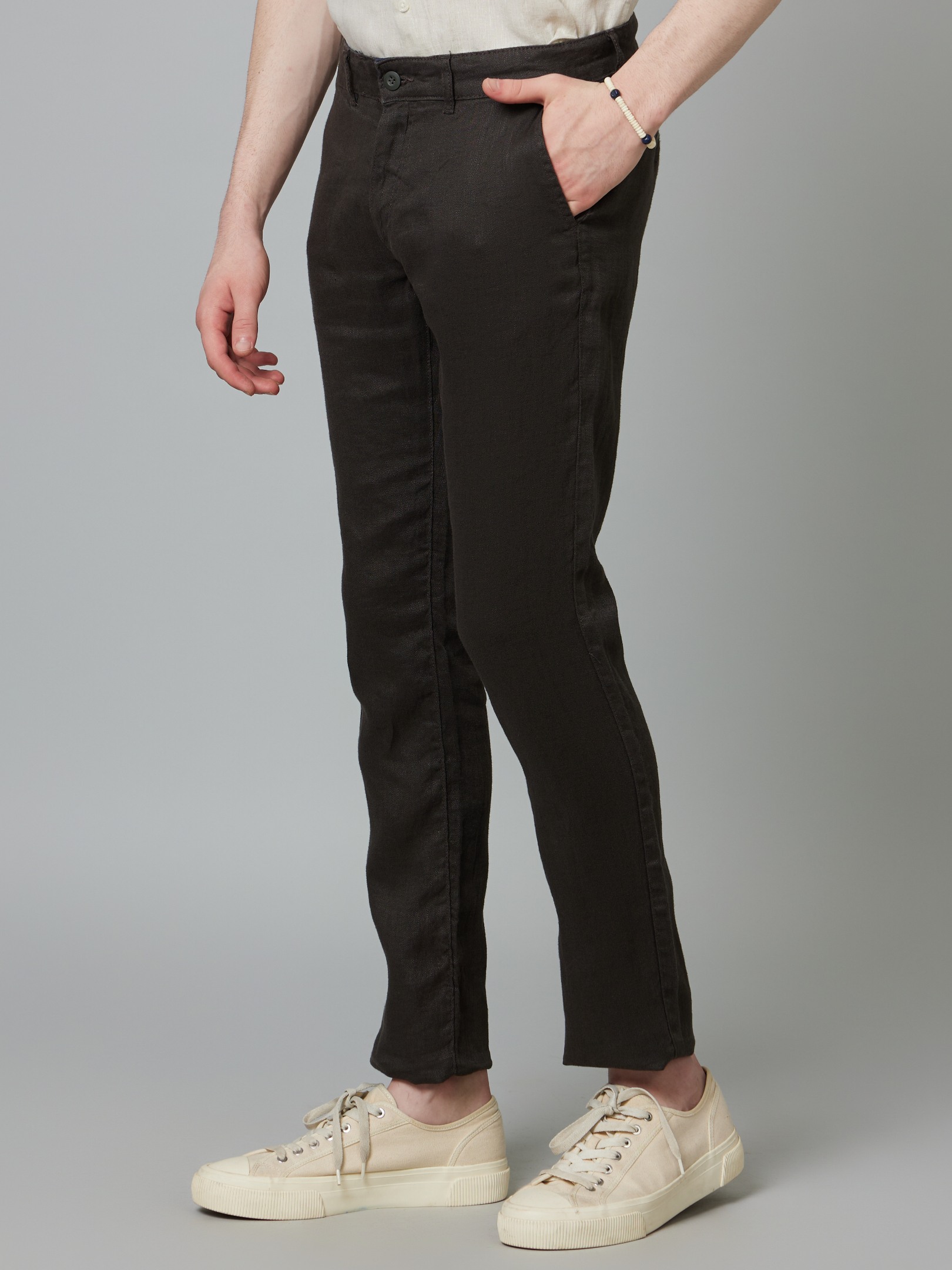 Grey Solid Straight Fit Linen Trousers (BOFLEX) | Celio