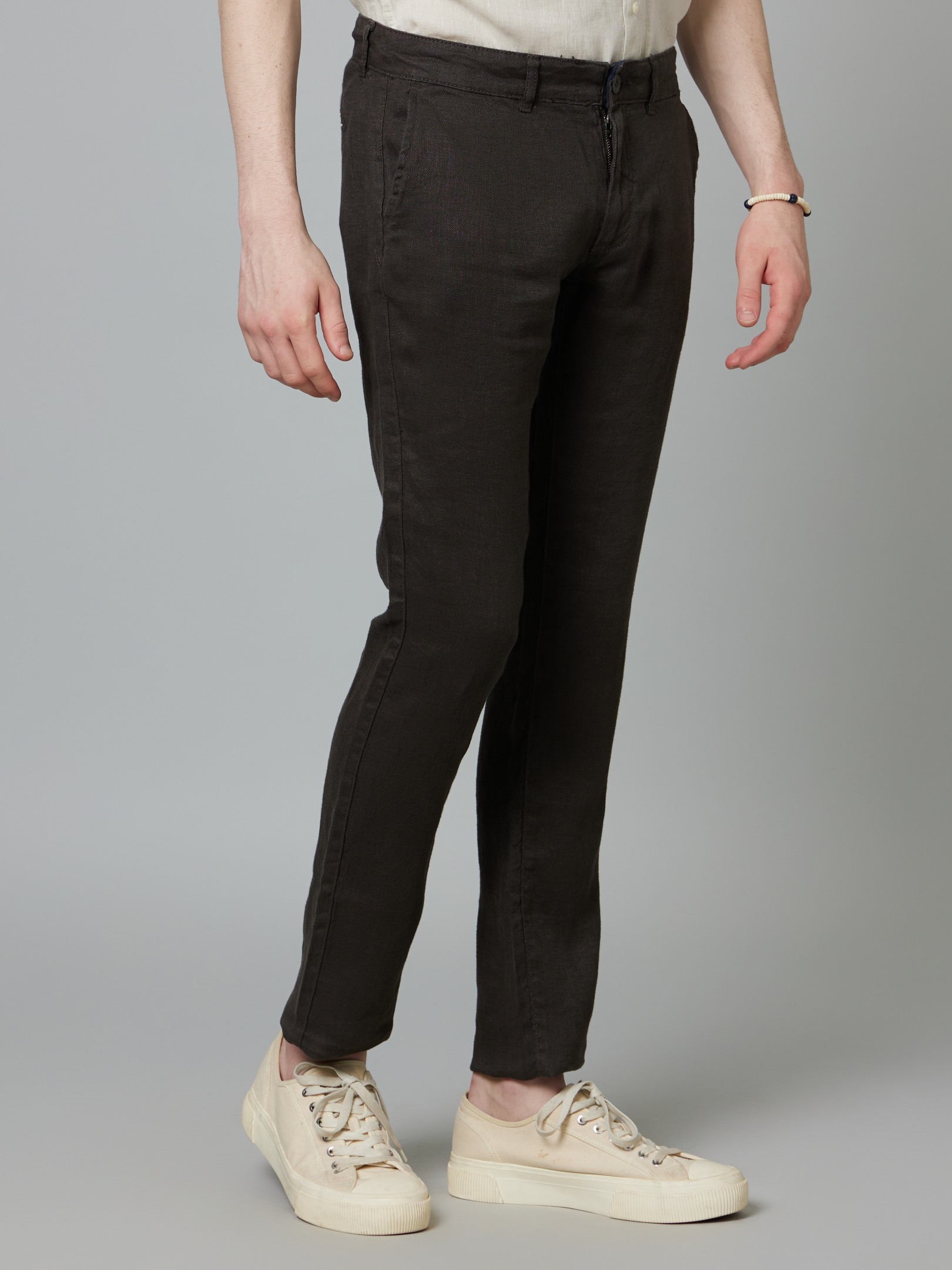 Men's Grey Linen Solid Trousers