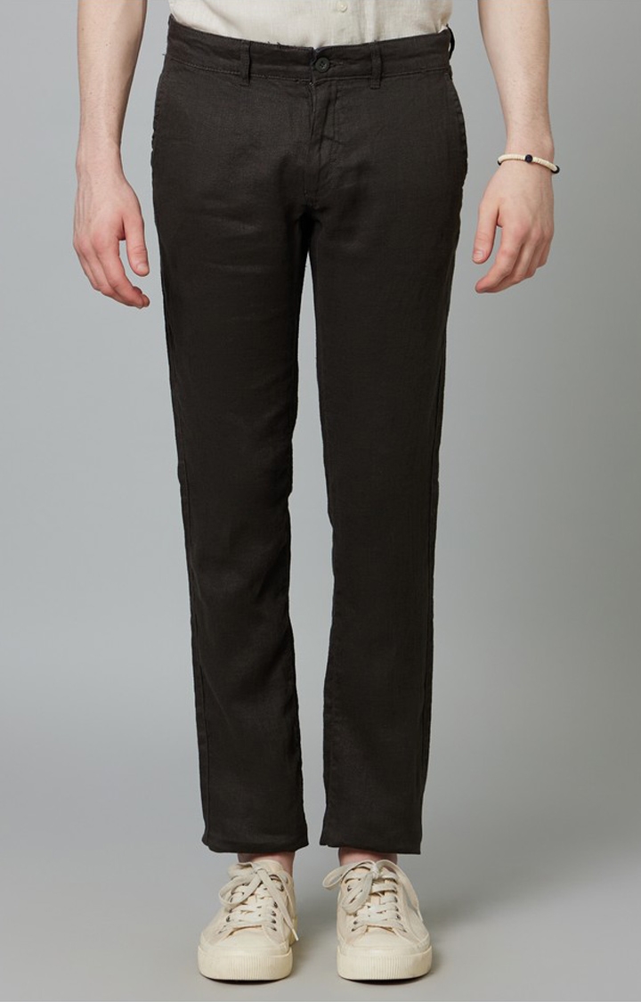 celio | Men's Grey Linen Solid Trousers