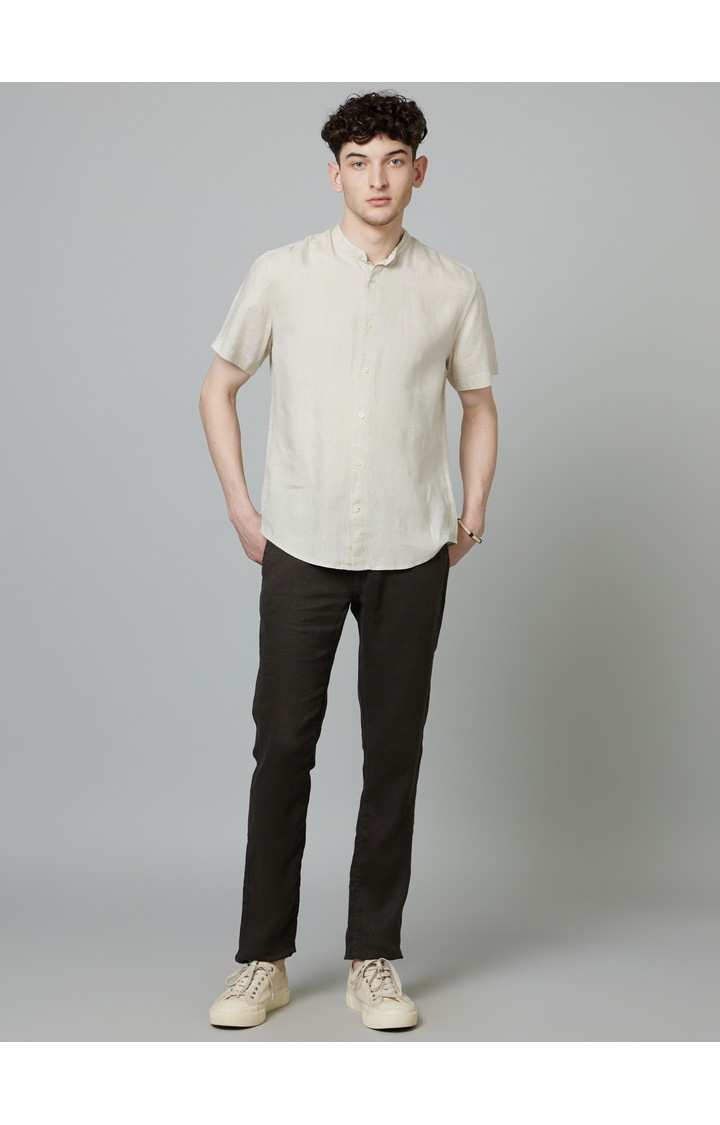Men's Grey Linen Solid Trousers
