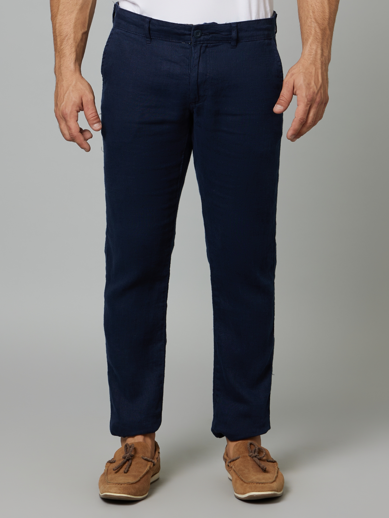 Men's Blue Linen Solid Trousers