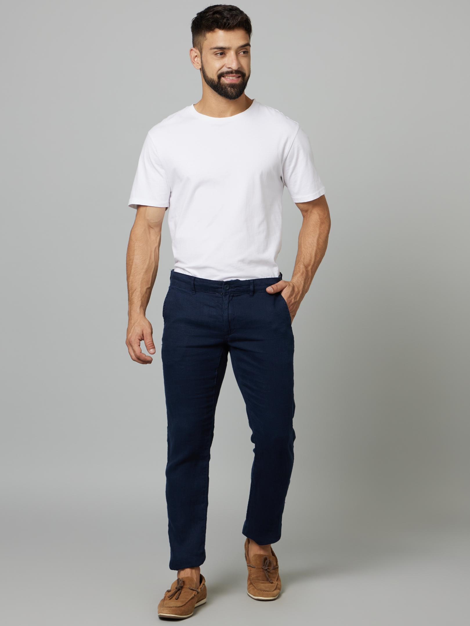 celio | Men's Blue Linen Solid Trousers 4
