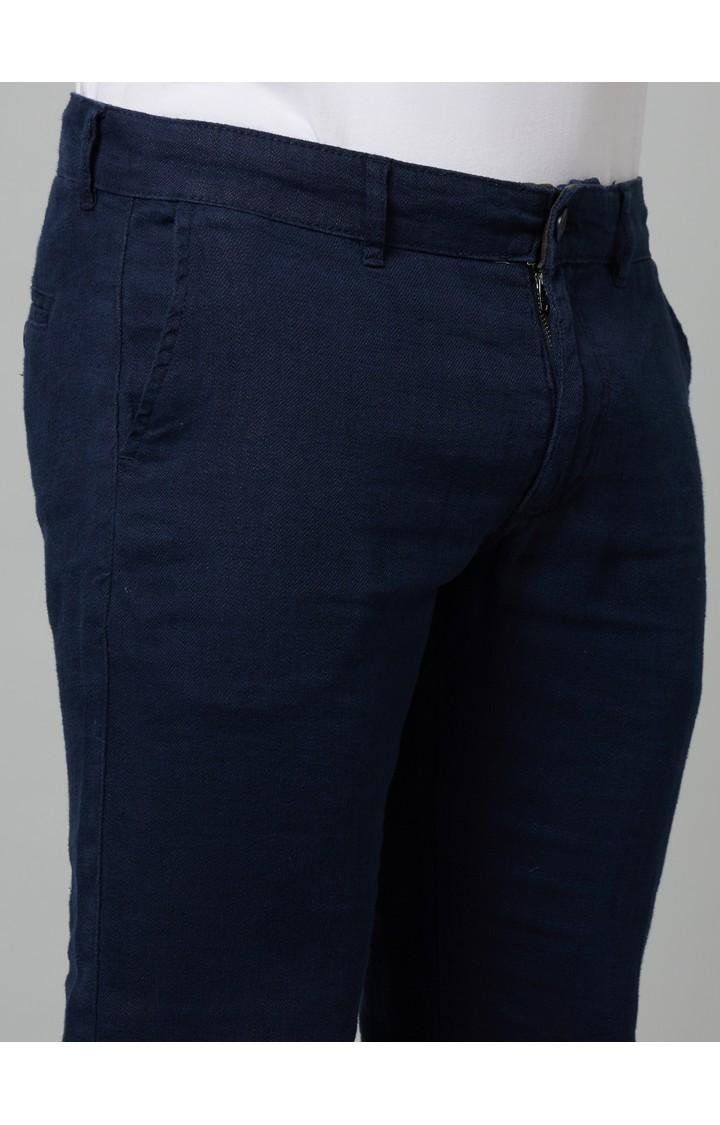 Men's Blue Linen Solid Trousers