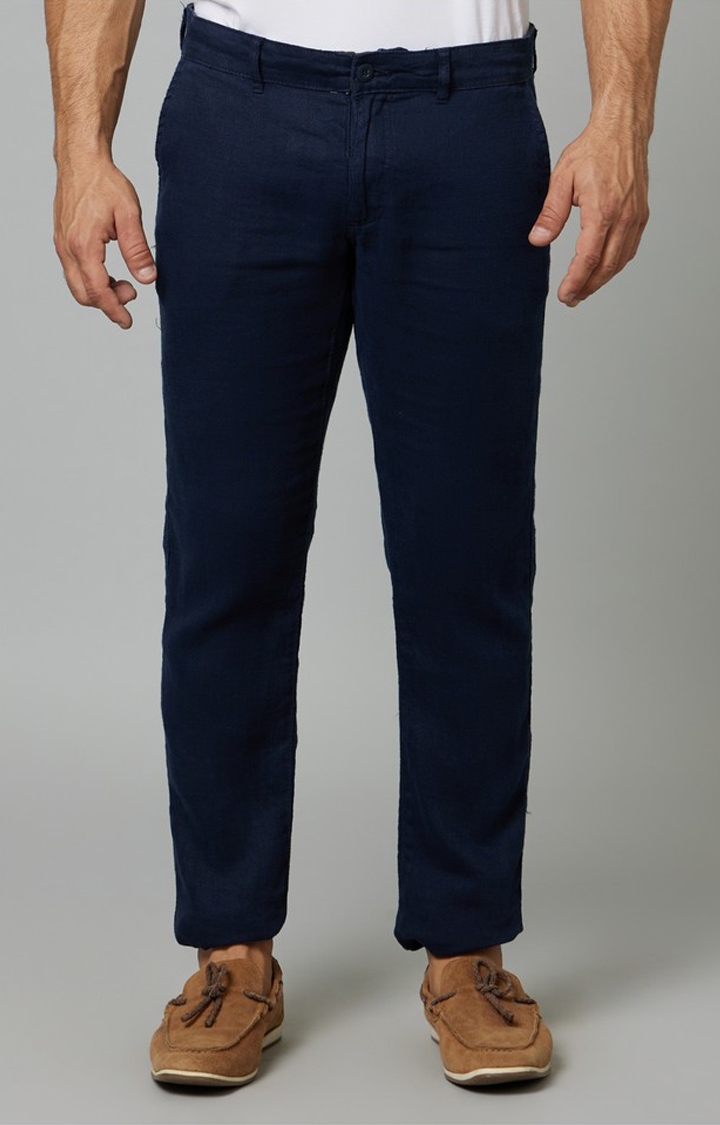 celio | Men's Blue Linen Solid Trousers