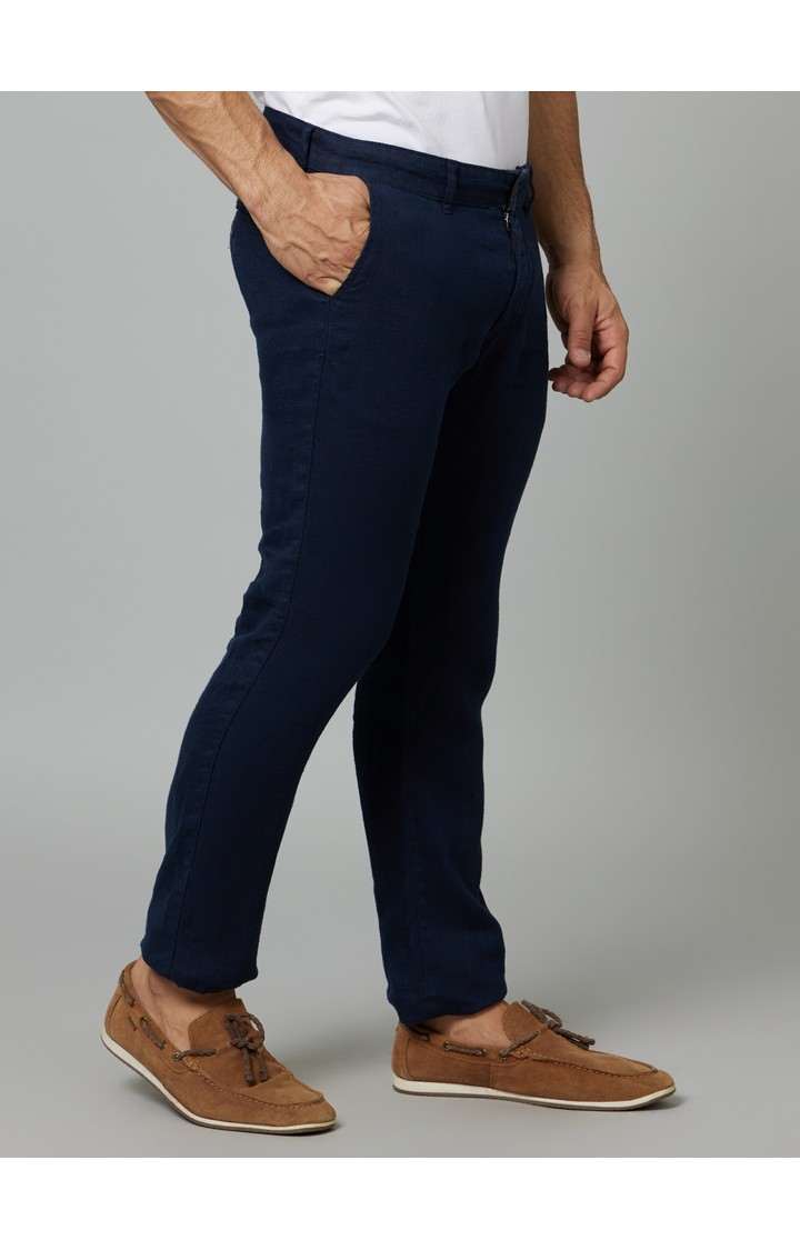 Men's Blue Linen Solid Trousers